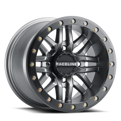 Raceline A91G Ryno 15x7in/4x137 BP/10mm Offset/110.18mm Bore - Gunmetal & Black Ring Beadlock Wheel