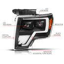 ANZO 09-14 Ford F-150 (Factory Halogen Model ONLY) Full LED Proj Headlights Init/SeqSig Black - Pair
