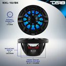 DS18 NXL Series Coaxial Marine Speaker w/ RGB Lights 10in 2-Way 200Watts RMS 4 ohm Black w/ Cover