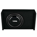 DS18 Single 10in Shallow Subwoofer and Enclosure 300 Watts RMS Downfiring Sealed Black Carpet