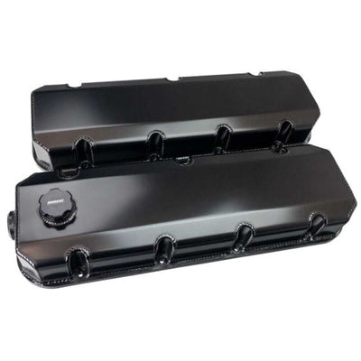 Moroso BBC 3in Tall Aluminum Valve Covers - Black (w/12AN Breather/Oil Fill)