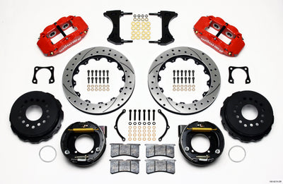 Wilwood Narrow Superlite 4R Rear P-Brk Kit 12.88in Drilled Red Chevy 12 Bolt-Spec 3.15in Bearing