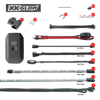 XK Glow Tube + 18xPods Million Color XKCHROME App Controlled Offroad UTV Kit 2x24In Tube + 14x12In